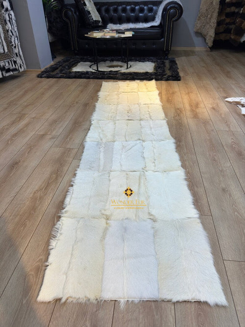 White Runner Goatskin Elegant Fluffy Rug , Handmade Soft Carpet