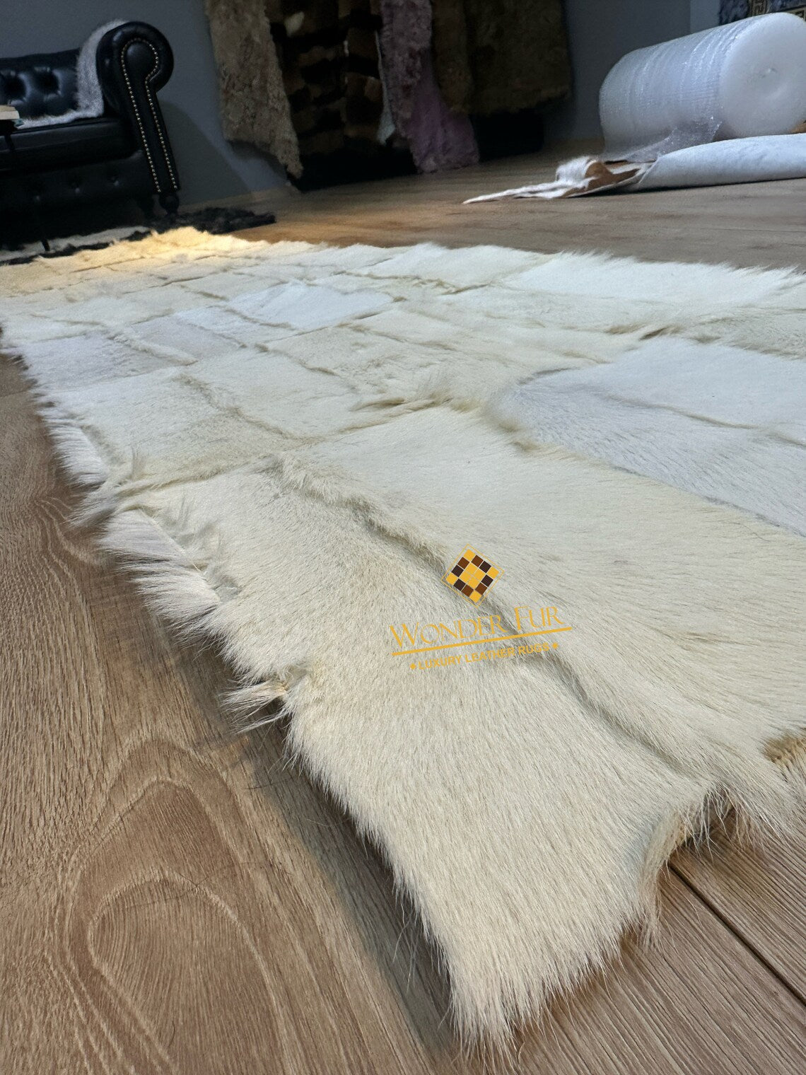 White Runner Goatskin Elegant Fluffy Rug , Handmade Soft Carpet