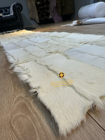 White Runner Goatskin Elegant Fluffy Rug , Handmade Soft Carpet