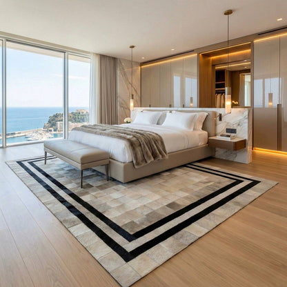 Handmade white cowhide patchwork rug with black borders, natural area rug