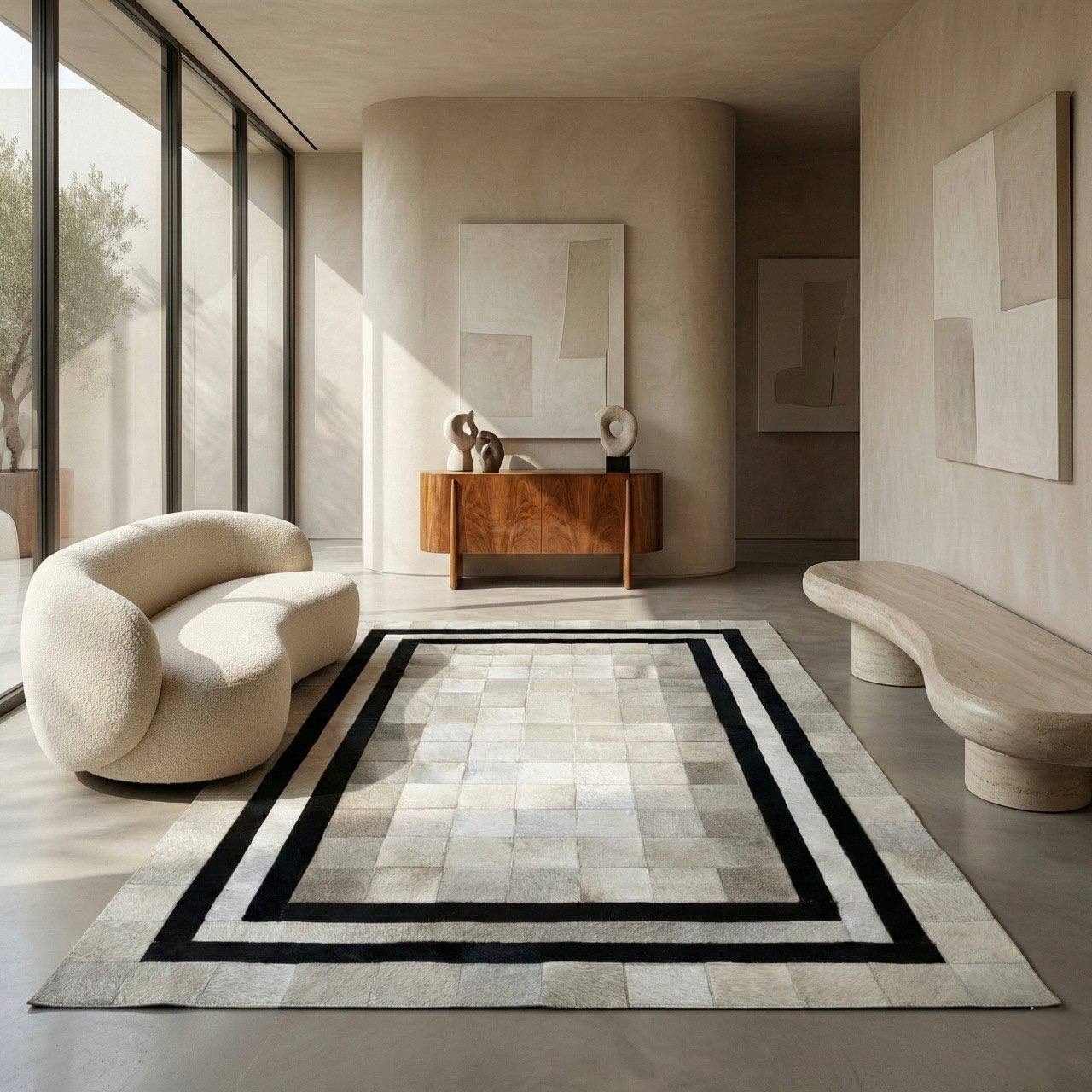 White Cowhide Patchwork Rug with Black Borders, Handmade Natural Area Rug