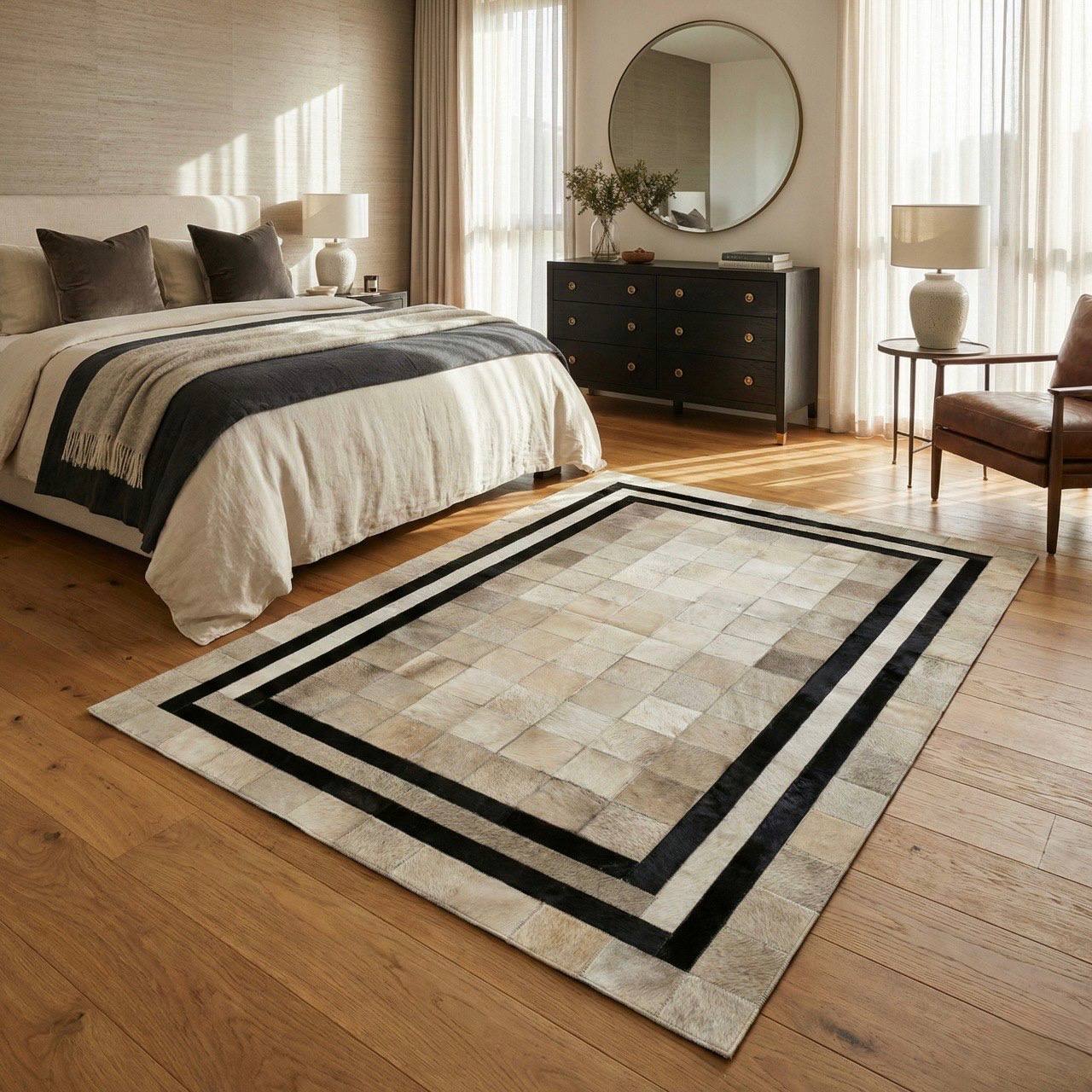 White Cowhide Patchwork Rug with Black Borders, Handmade Natural Area Rug