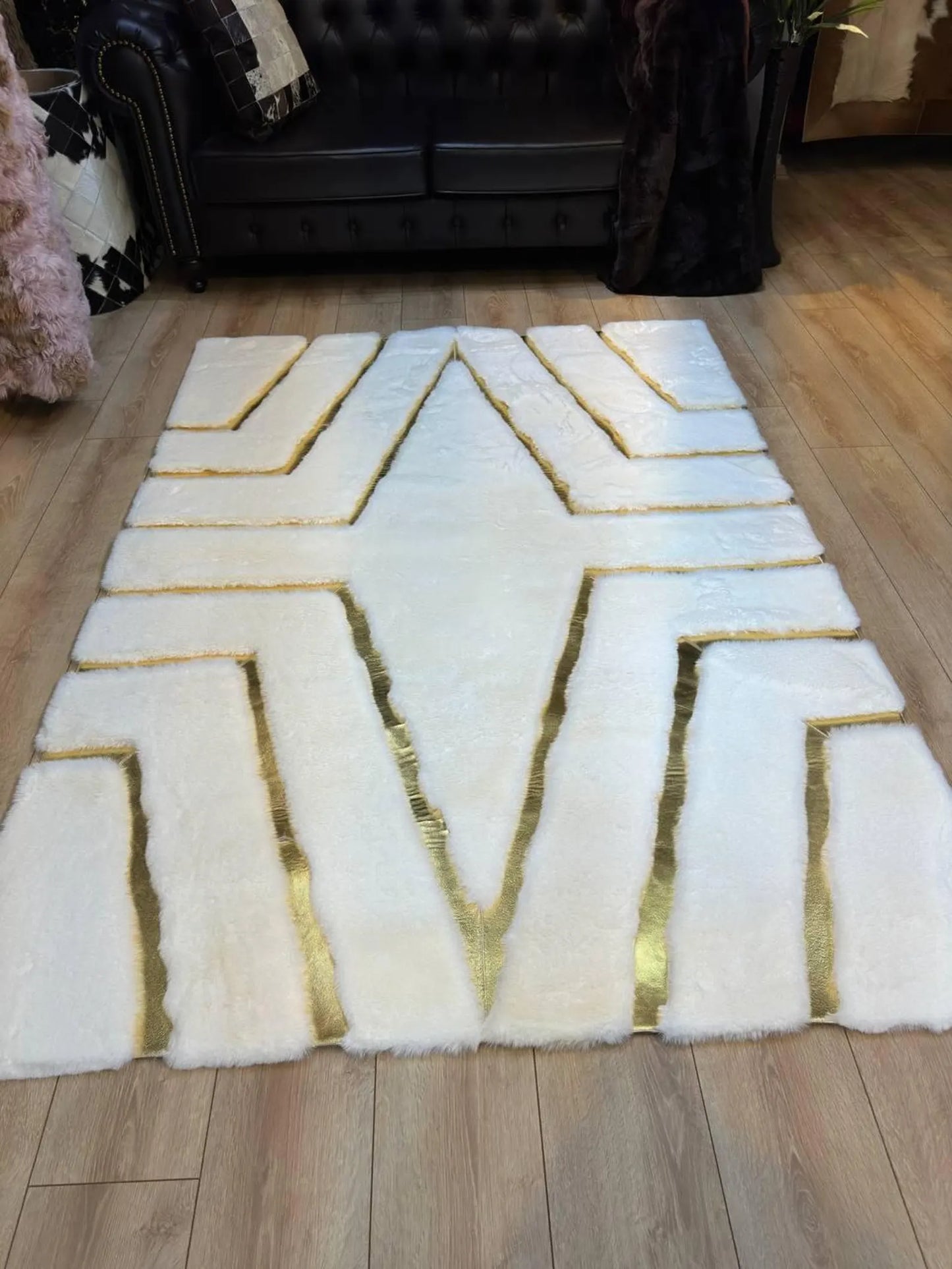 White & Gold Geometric Plush Area Rug