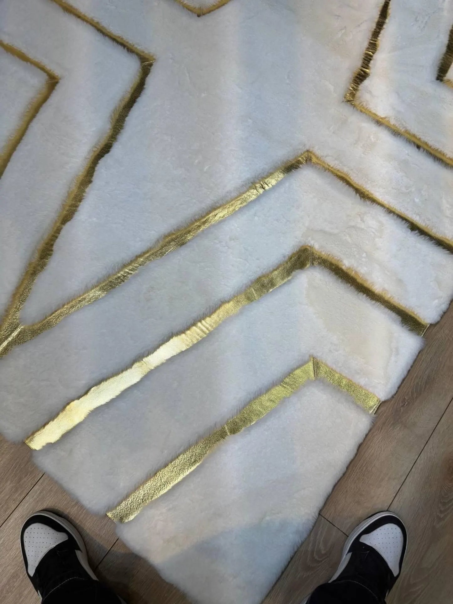 White & Gold Geometric Plush Area Rug