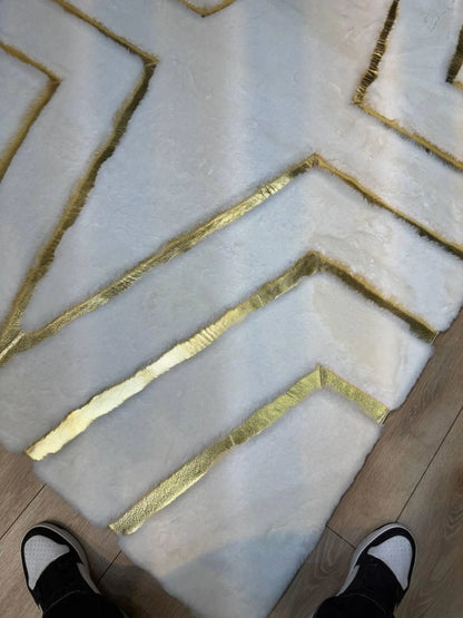 White & Gold Geometric Plush Area Rug