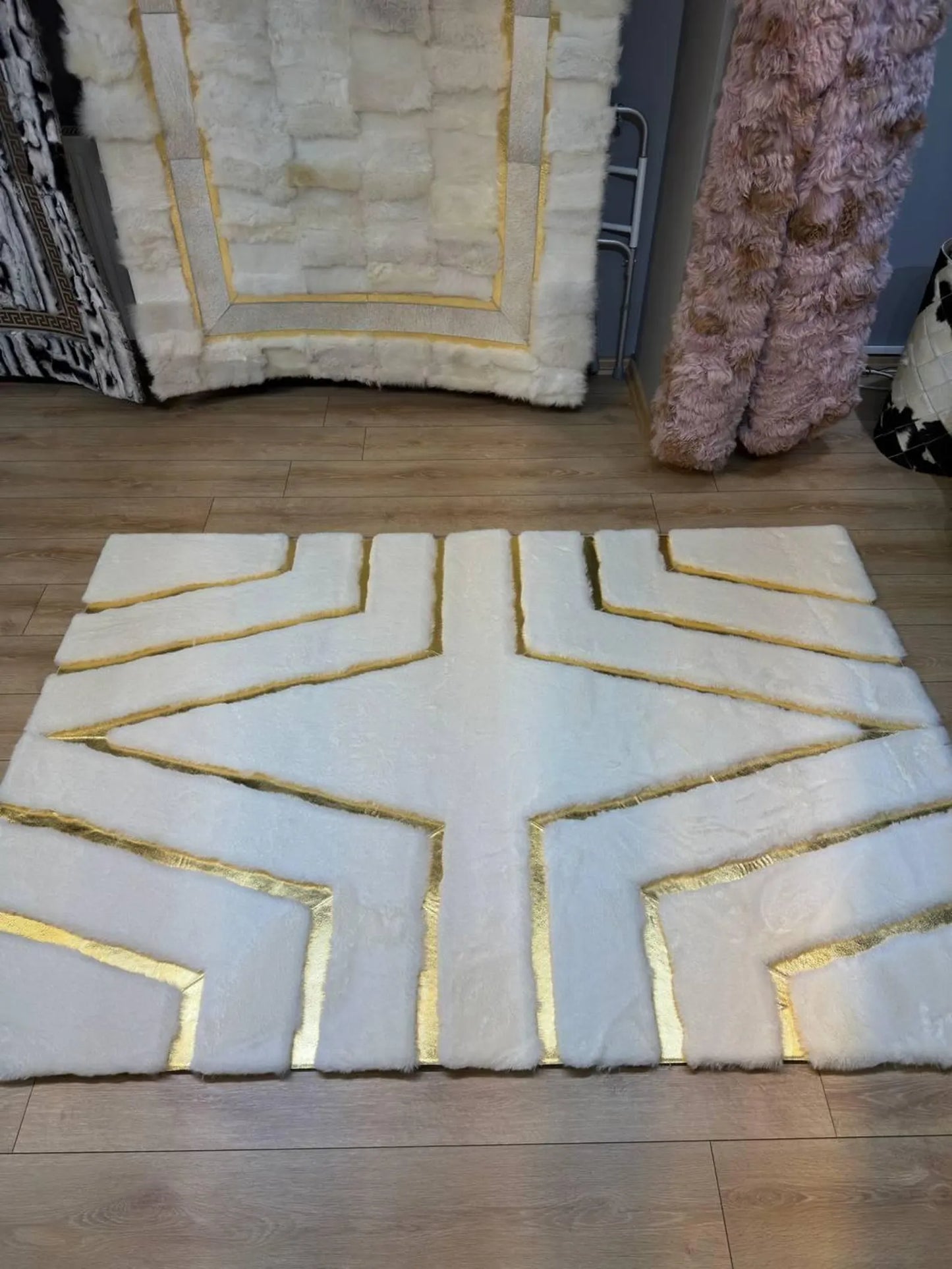 White & Gold Geometric Plush Area Rug