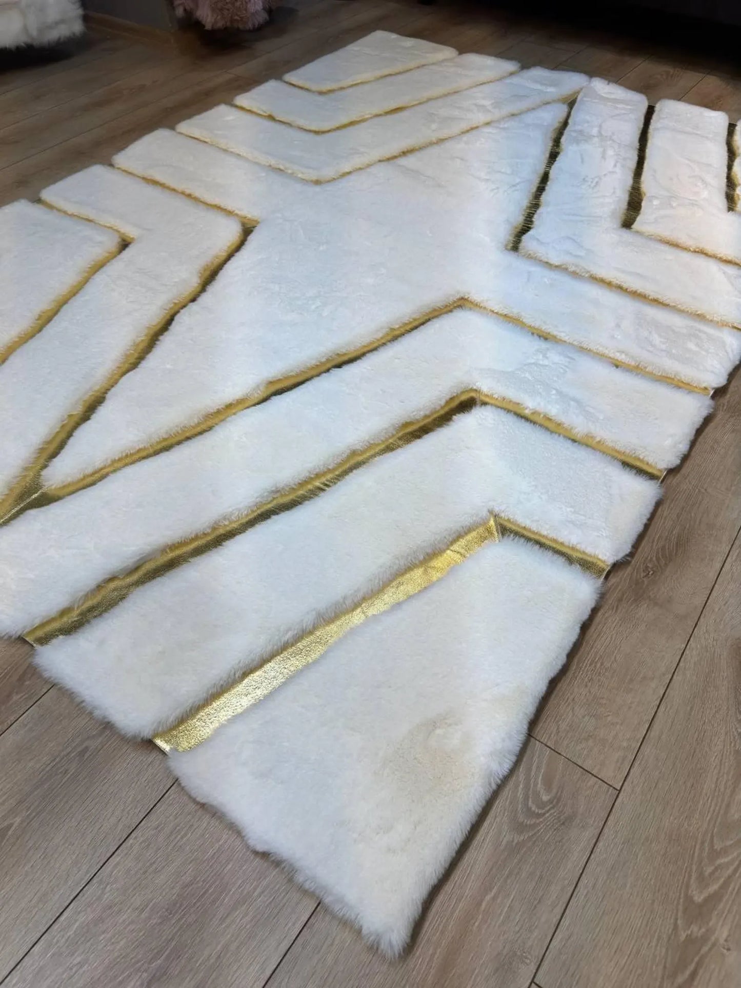 White & Gold Geometric Plush Area Rug