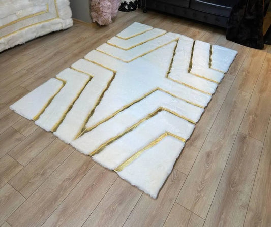 White & Gold Geometric Plush Area Rug