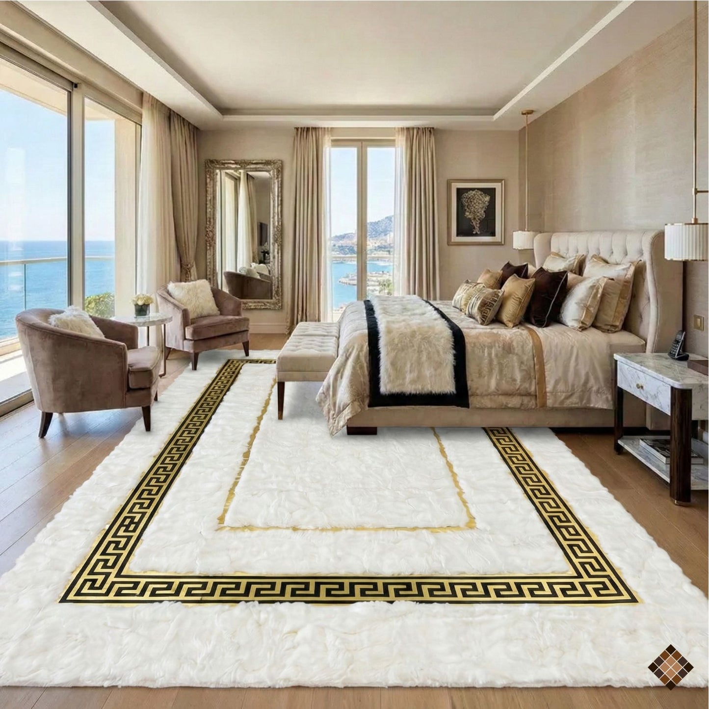Handmade White Rabbit Fur Area Rug with Gold Greek Key Border
