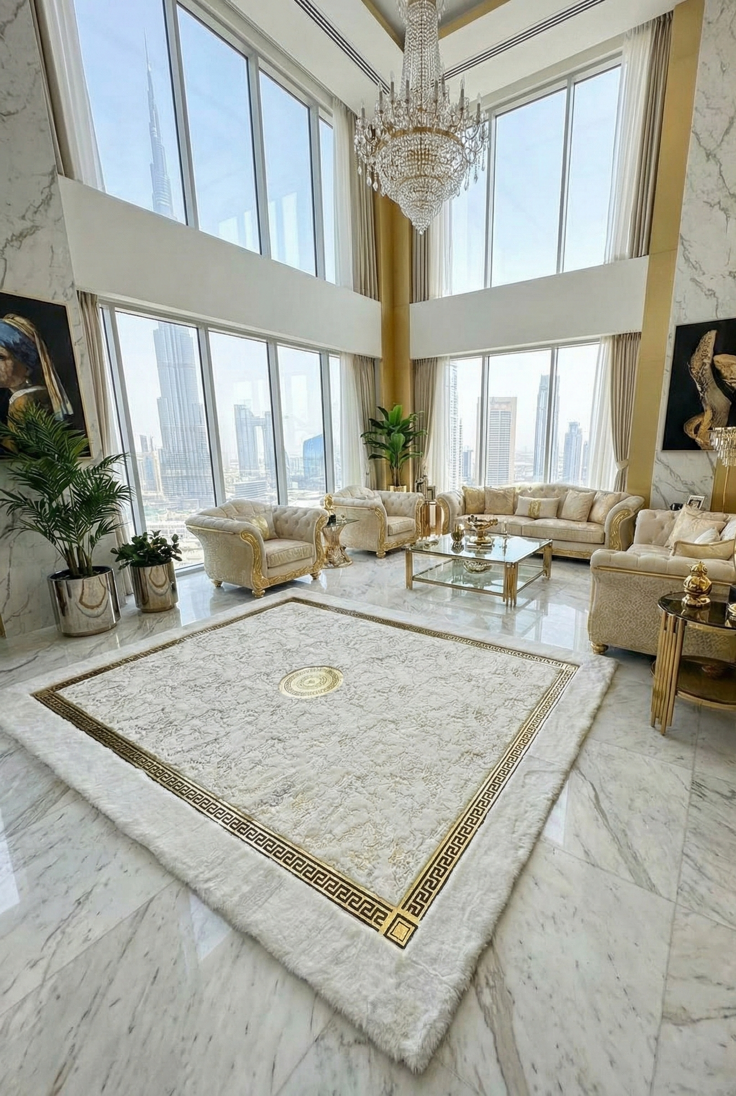 White and Gold Faux Fur Round Rug | Luxurious Soft Rug