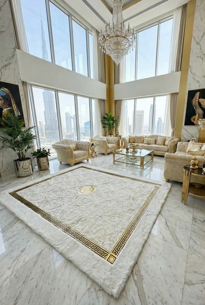 White and Gold Faux Fur Round Rug | Luxurious Soft Rug