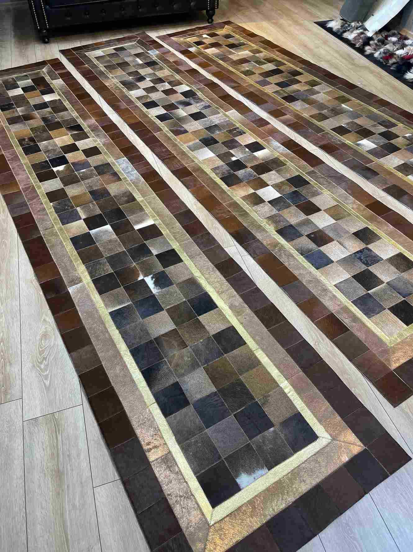 Brown Natural Cowhide Runner Rug for Hallway, Tricolor Handmade Rug