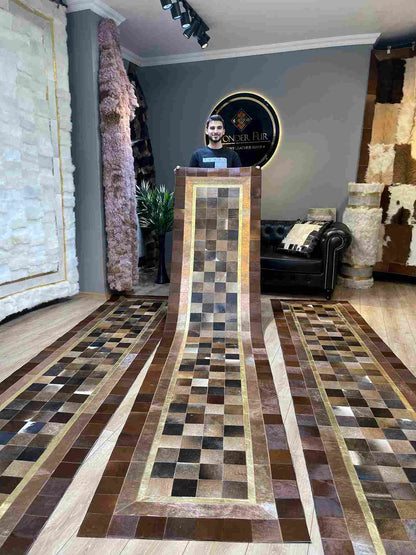 Brown Natural Cowhide Runner Rug for Hallway, Tricolor Handmade Rug