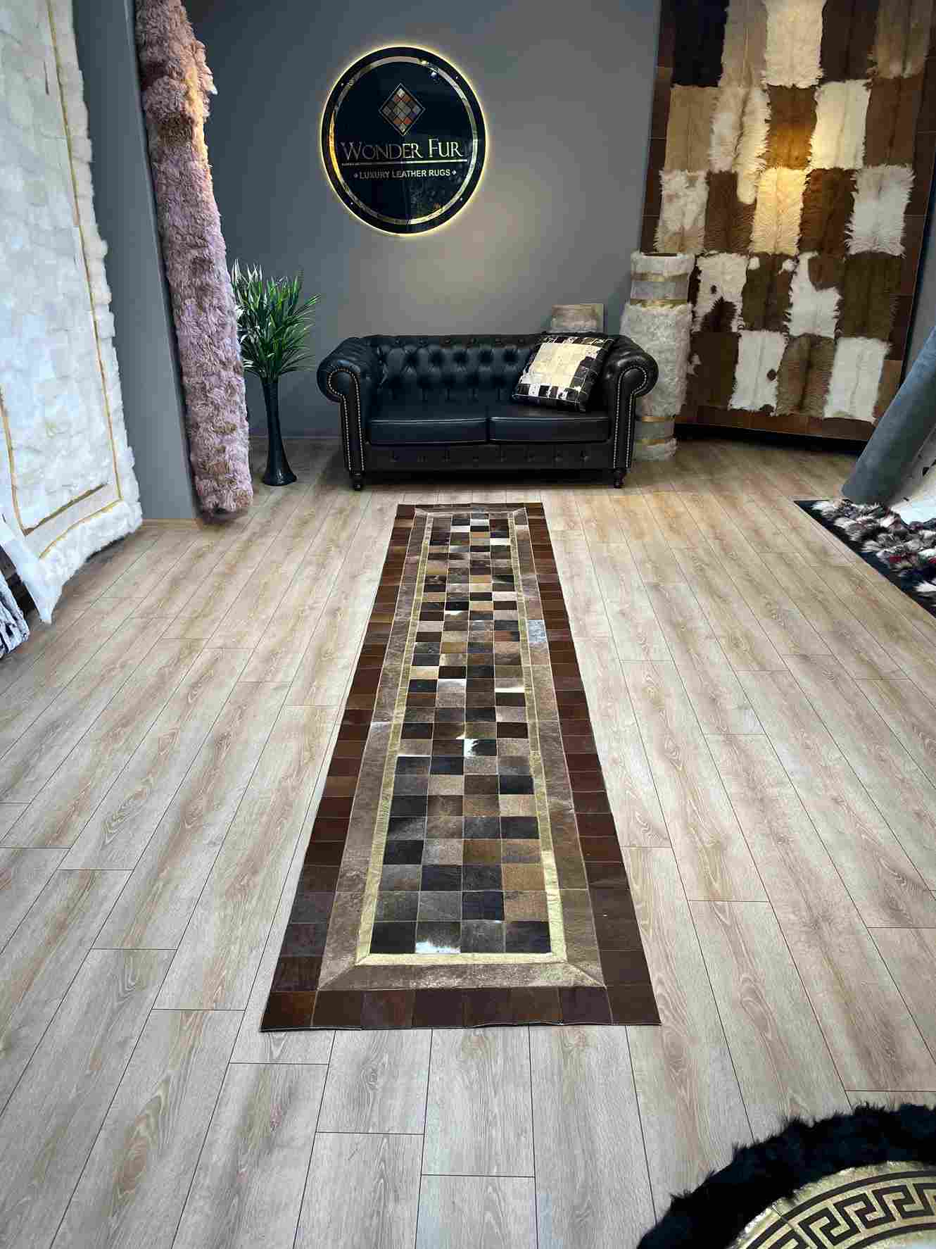 Brown Natural Cowhide Runner Rug for Hallway, Tricolor Handmade Rug