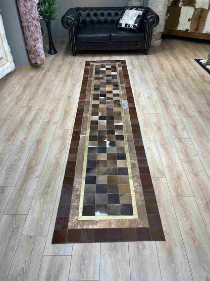 Brown Natural Cowhide Runner Rug for Hallway, Tricolor Handmade Rug