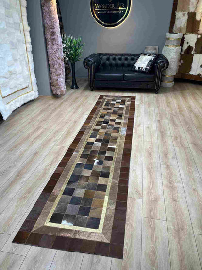 Brown Natural Cowhide Runner Rug for Hallway, Tricolor Handmade Rug