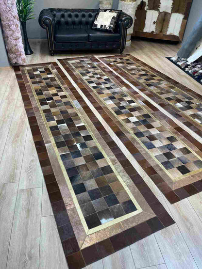 Brown Natural Cowhide Runner Rug for Hallway, Tricolor Handmade Rug