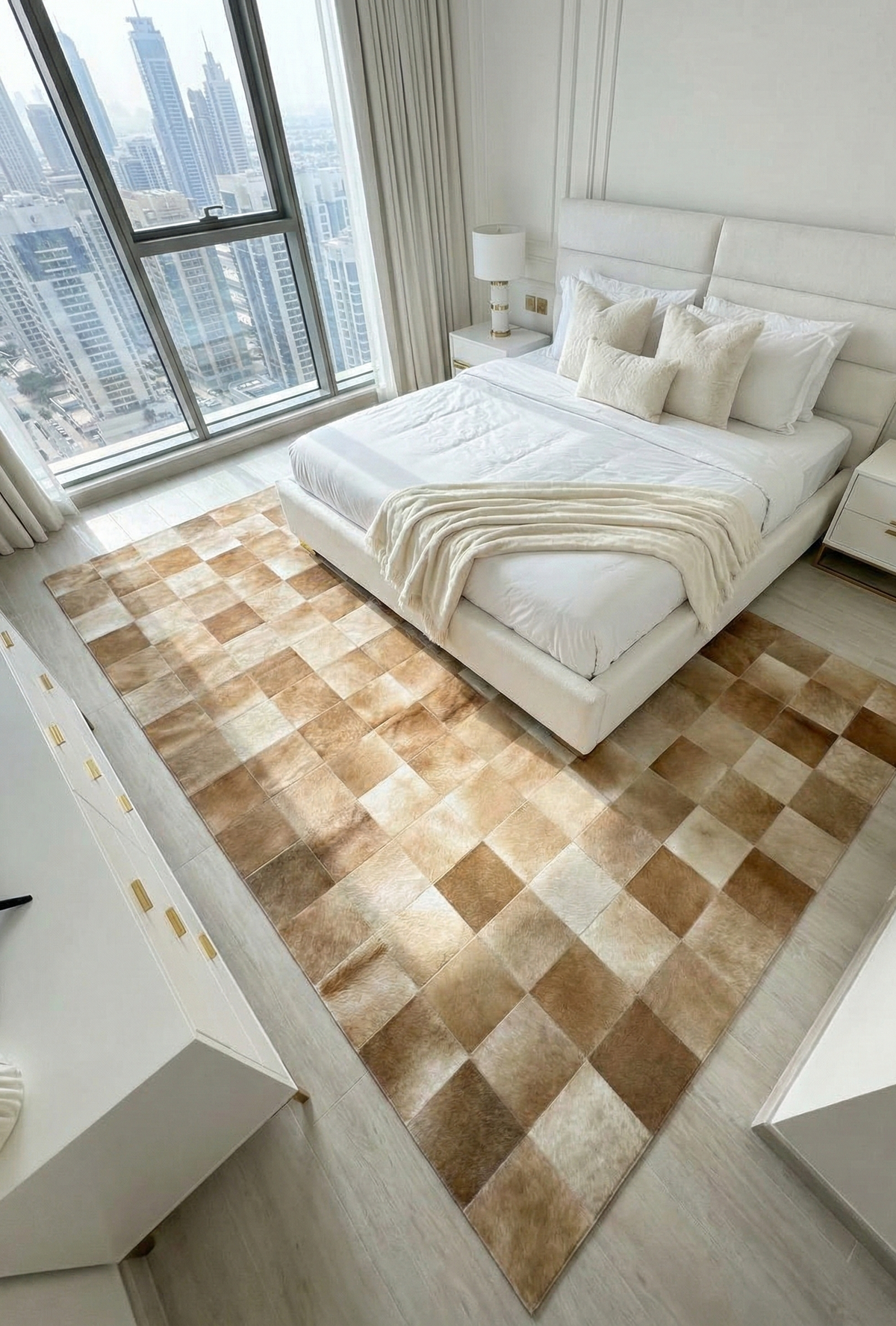 Beige Customizable Cowhide Area Floor Rug, Handmade Patchwork Rug, Luxury Carpet for Bed Room
