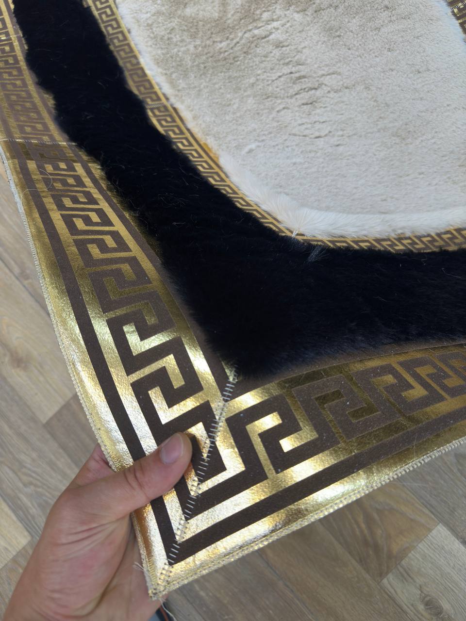 Handcrafted  Beige Black  Runner Rug with Plush Faux Fur – Modern & Cozy Touch