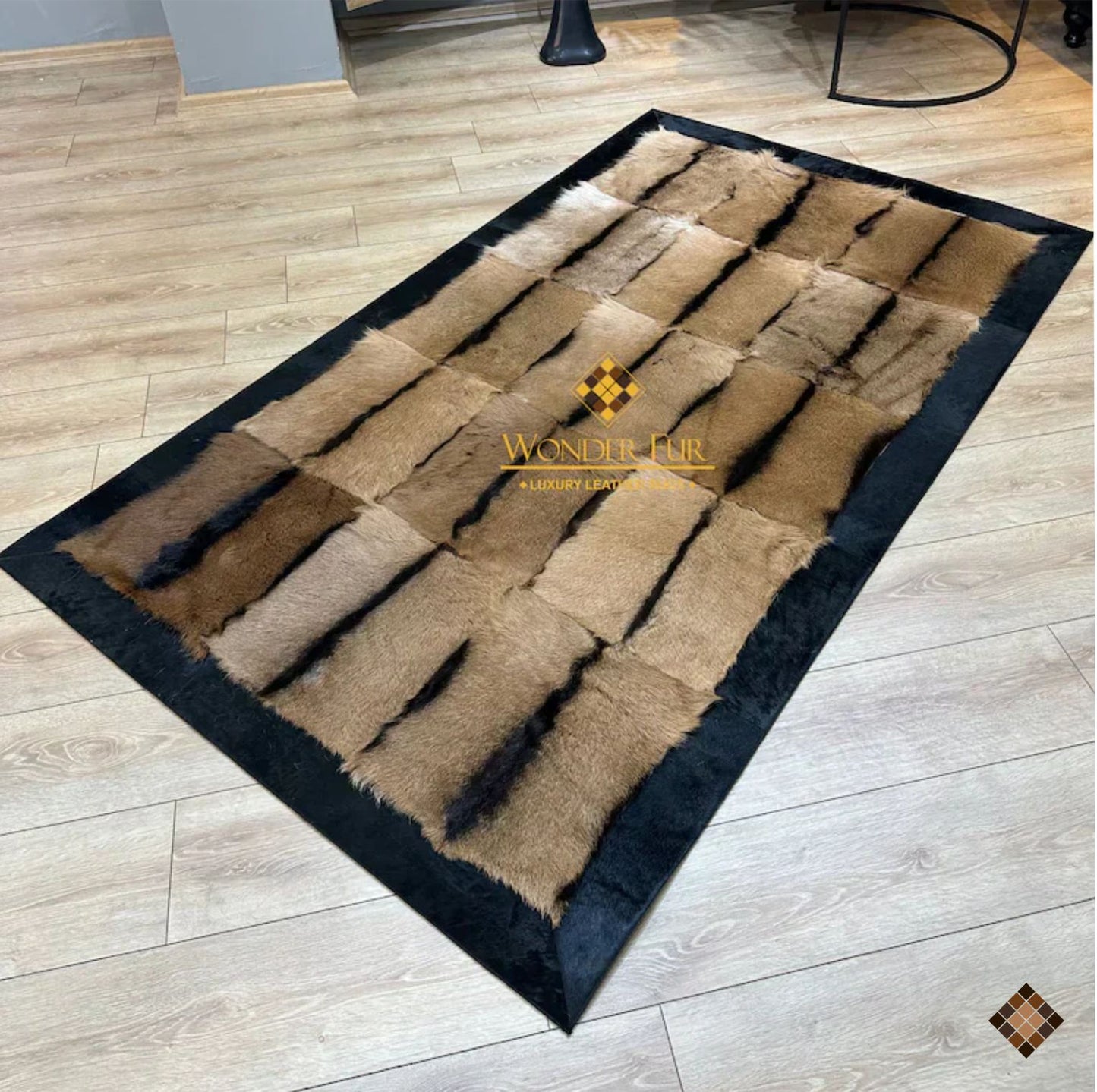 Natural Goatskin Area Rug with Black Suede Border - WONDERFURRUG