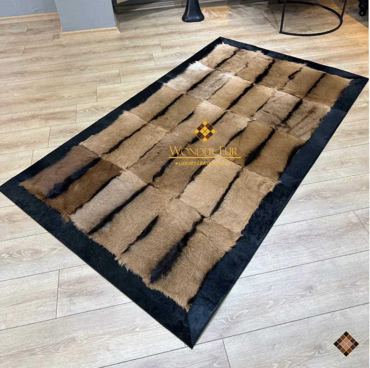 Natural Goatskin Area Rug with Black Suede Border - WONDERFURRUG