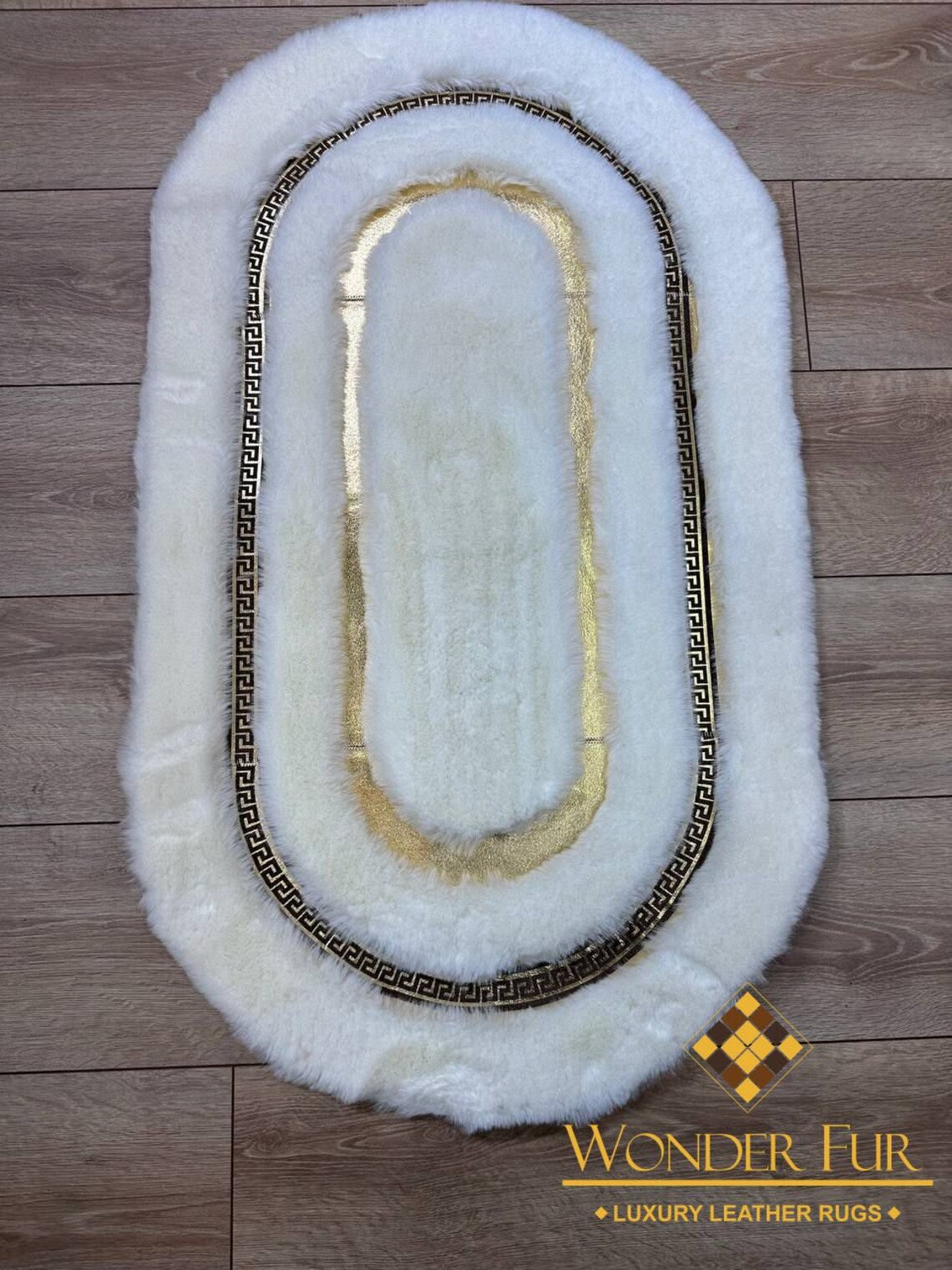 Luxury Modern Extra Soft White And Gold Faux Fur Oval Home Decor Rug