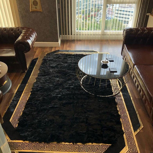 Elegant Black Handmade Natural Sheepskin Area Rug,Wool Living Room Rug