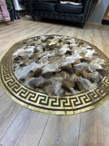 Unique Natural Fox Fur Round Carpet with Gold Borders, Handmade Elegance