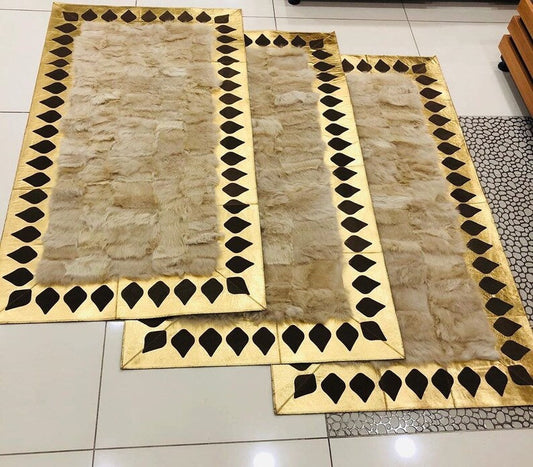 Unique Beige Handmade Genuine Sheep Leather Rug with Gold Black Border