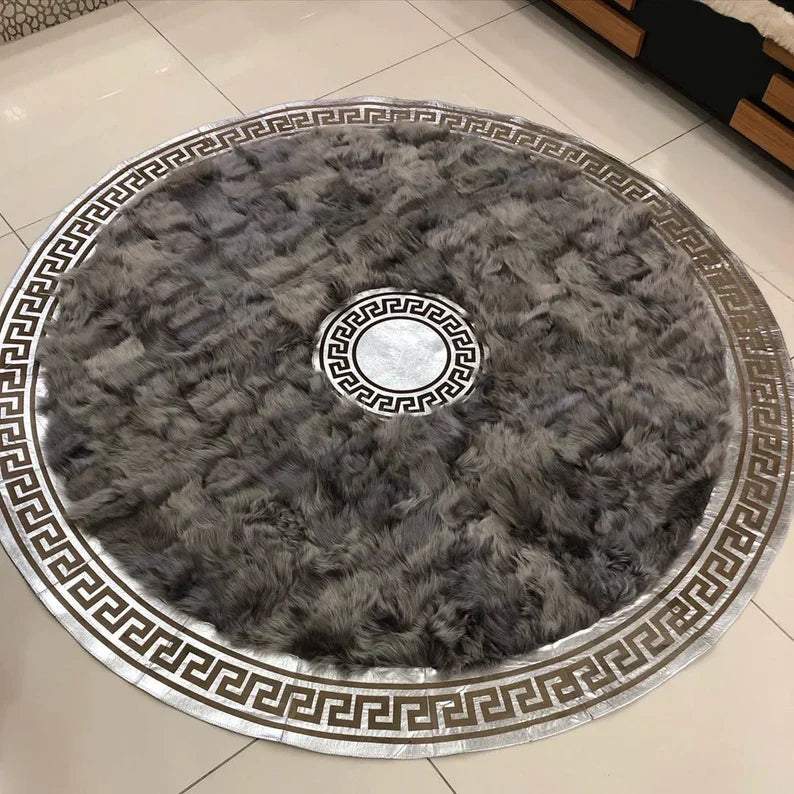 Unique Gray Natural Fluffy Sheep Leather Rug, Handmade Sheepskin Rug