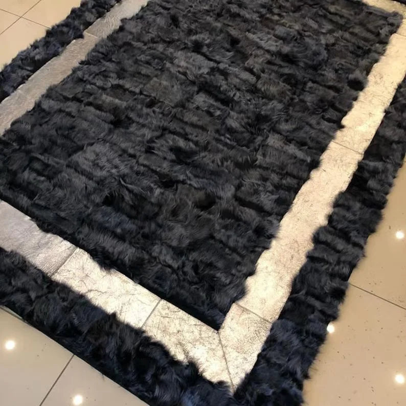 Black Natural Leather Sheepskin Fur Rug, Handmade Fluffy Shaggy Bedroom Rug