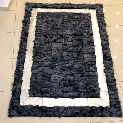 Black Natural Leather Sheepskin Fur Rug, Handmade Fluffy Shaggy Bedroom Rug