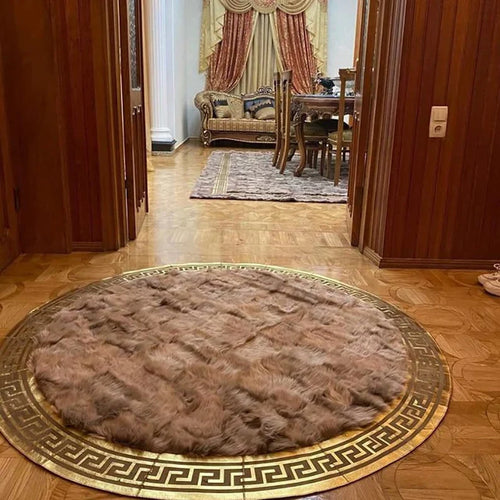 Elegant Brown Genuine Leather Round Rug for Corridor, Unique Home Decor