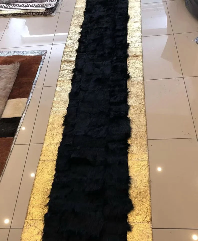 Luxury Black Gold Natural Sheepskin Runner Rug, Handmade Soft Hallway Rug