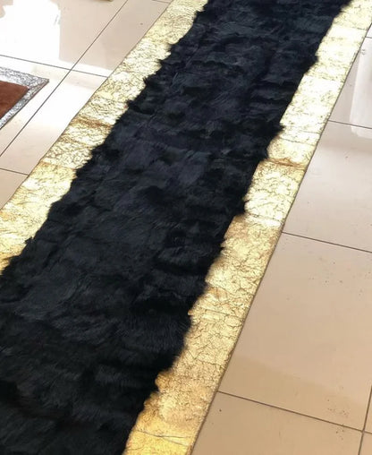 Luxury Black Gold Natural Sheepskin Runner Rug, Handmade Soft Hallway Rug