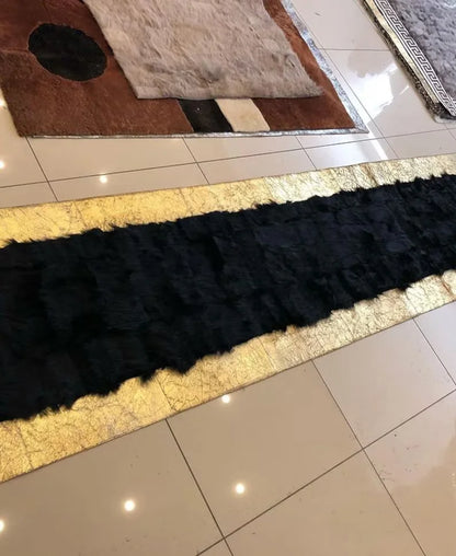 Luxury Black Gold Natural Sheepskin Runner Rug, Handmade Soft Hallway Rug