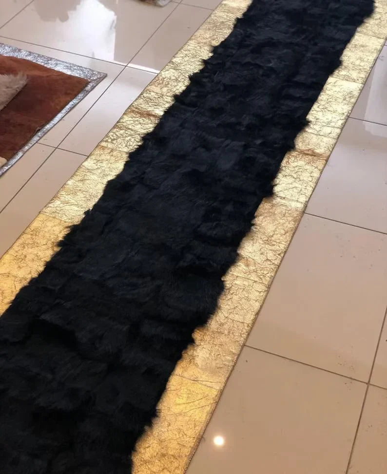 Luxury Black Gold Natural Sheepskin Runner Rug, Handmade Soft Hallway Rug