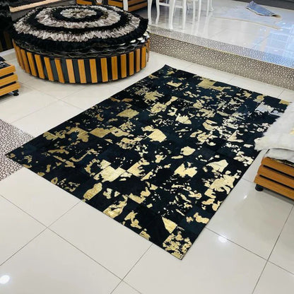 Luxury Black Gold Natural Cowhide Area Rug for Living Room, Modern Handmade Rug