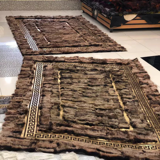 Brown Gold Sheepskin Area Rug with Greek Key Pattern, Natural Handmade Rug