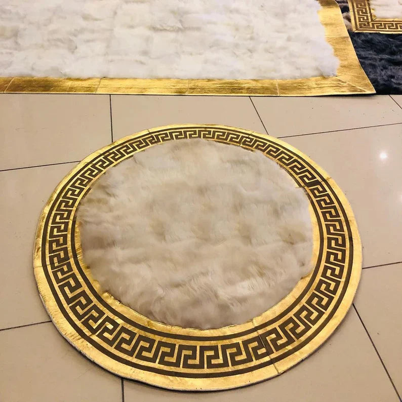 White Gold Round Tuscan Lamb Fur Rug, Real Sheepskin Handmade Rug