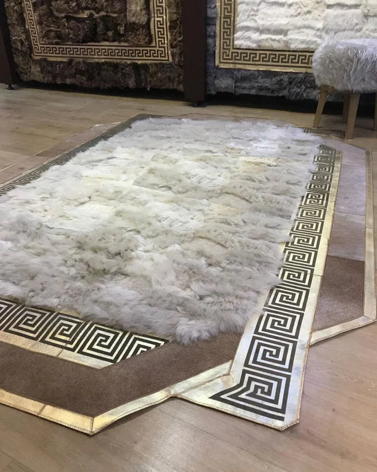 Unique Beige and Brown Natural Sheepskin Area Rug, Handmade Fluffy Rug