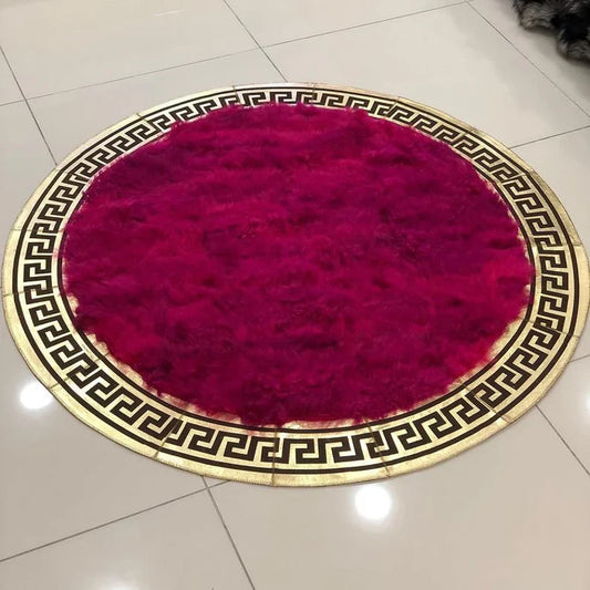 Luxury Red Ultra Soft Round Rug with Gold Border, Natural Sheepskin Round Rug