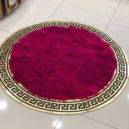 Luxury Red Ultra Soft Round Rug with Gold Border, Natural Sheepskin Round Rug