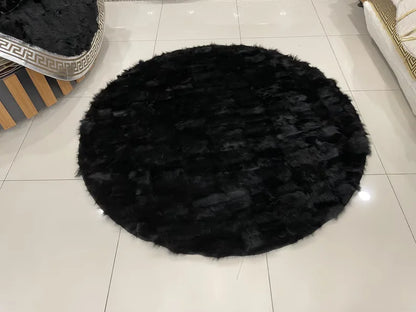 Natural Black Sheepskin Area Rug, Handamde Fluffy Round Rug for Home Decor