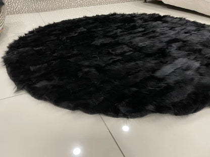 Natural Black Sheepskin Area Rug, Handamde Fluffy Round Rug for Home Decor