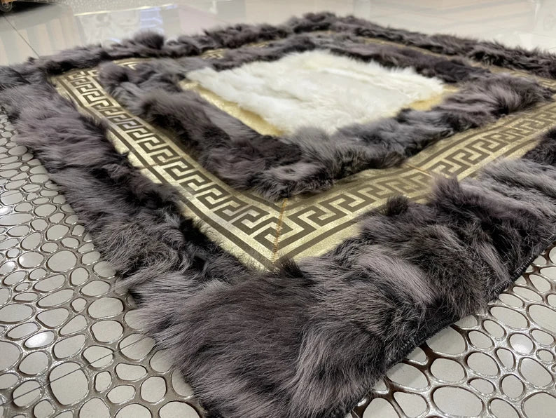 Custom Size Gray And White Fluffy Sheepskin Rug, Natural Handamde Area Rug