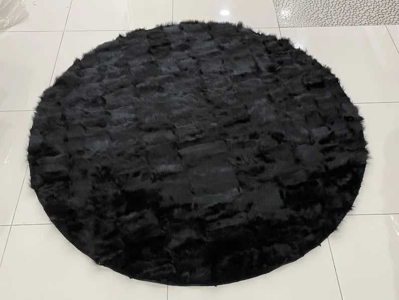 Natural Black Sheepskin Area Rug, Handamde Fluffy Round Rug for Home Decor