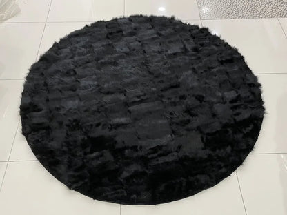 Natural Black Sheepskin Area Rug, Handamde Fluffy Round Rug for Home Decor