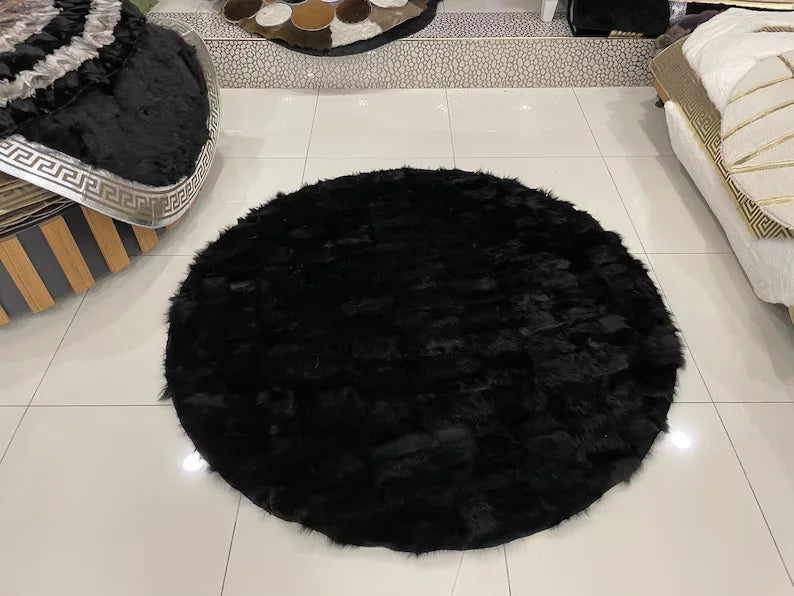 Natural Black Sheepskin Area Rug, Handamde Fluffy Round Rug for Home Decor