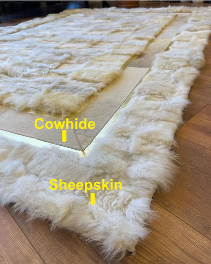 Fluffy Shaggy White Sheepskin Rug, Natural Sheep Leather Handmade Area Rug